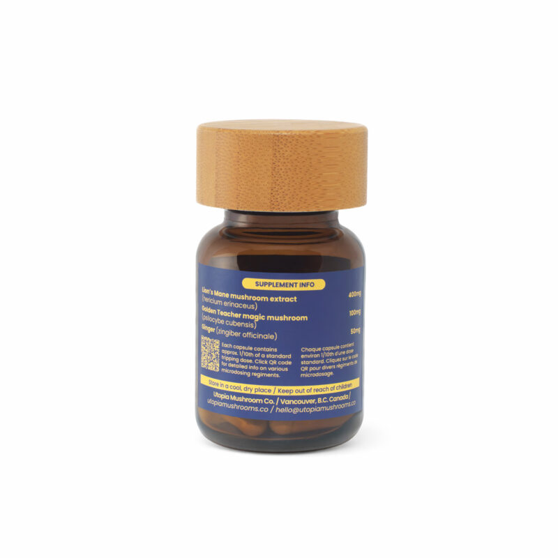 Utopia Clarity 100mg microdose capsules bottle back label with supplement info and ingredients.