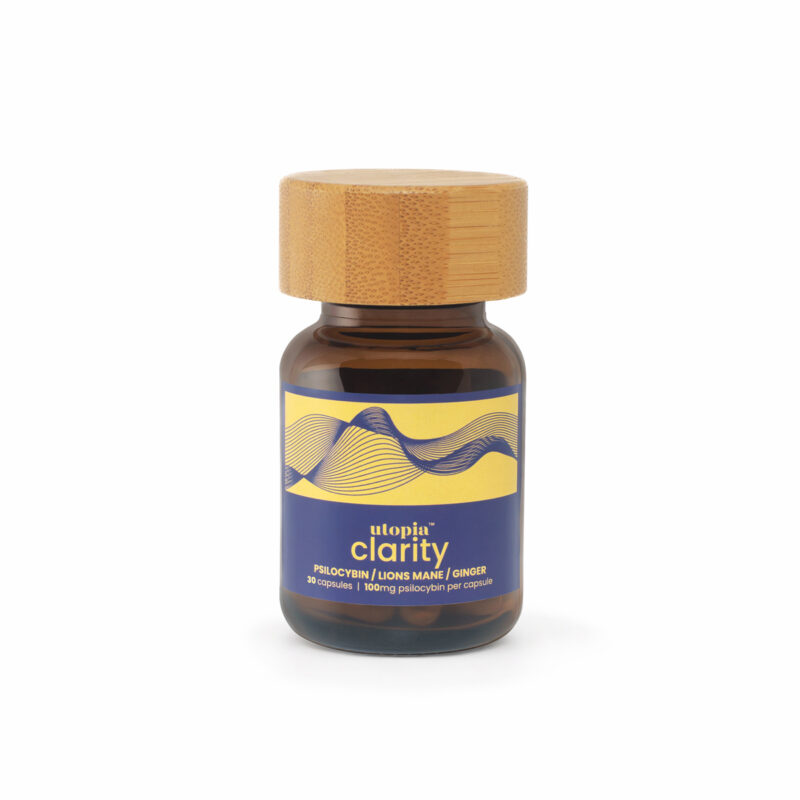 Utopia Clarity 100mg microdose capsules bottle front label — psilocybin, lion’s mane and ginger.