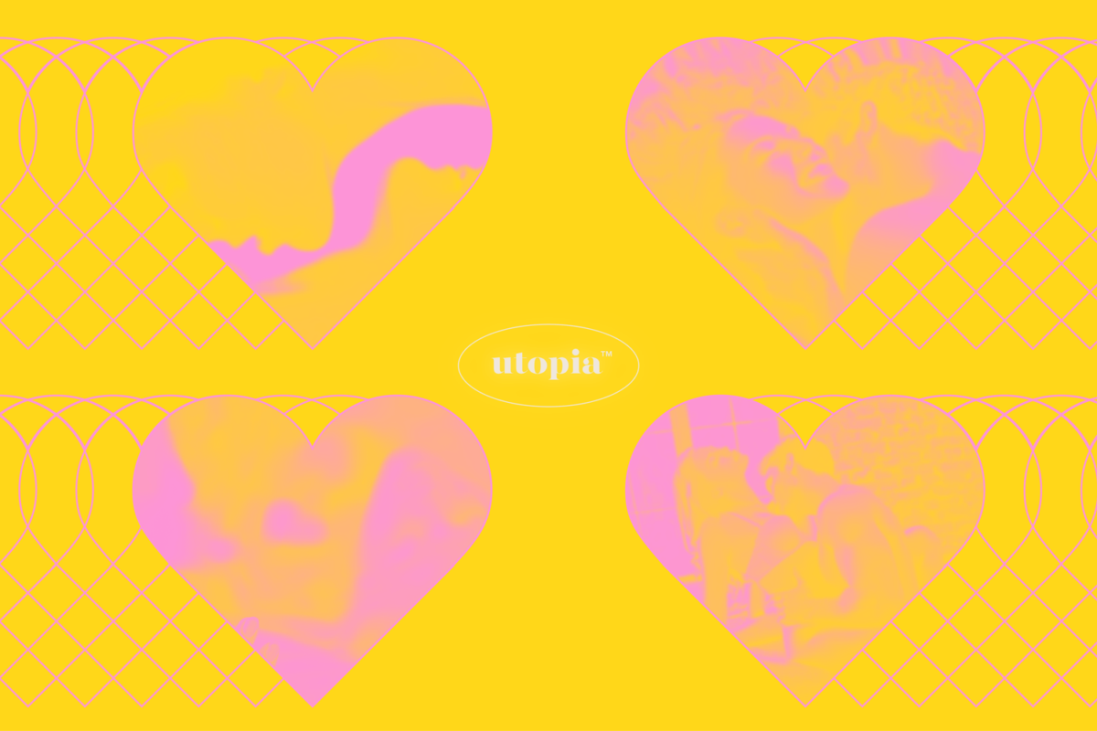 Heart-shaped icons depicting couples having sex on psilocybin mushrooms, with the Utopia Mushroom Co. logo on a yellow and pink background.