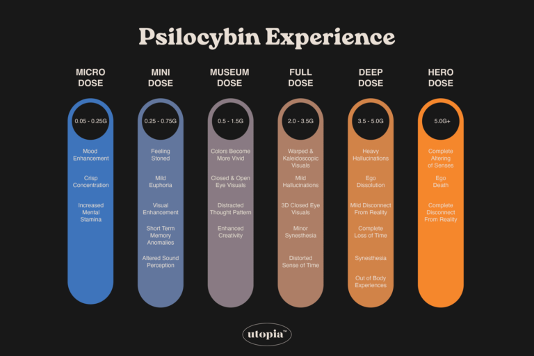 Psilocybin mushroom dosage chart showing effects of microdose, mini dose, museum dose, full dose, deep dose, and hero dose.