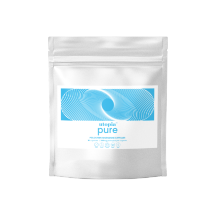 Pure psilocybin microdose capsules, 350mg - 10 vegan, organic, non-GMO capsules in white compostable resealable pouch with blue spiral design