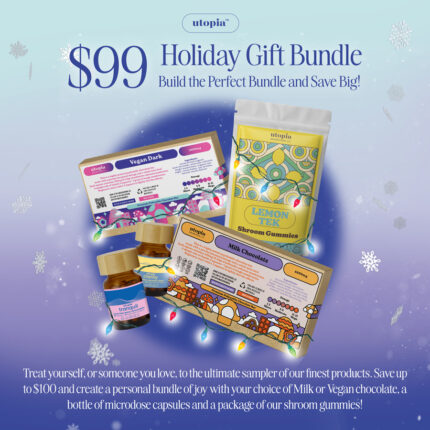 $99 Holiday Gift Bundle featuring a selection of premium psychedelic products: chocolate bars, microdose capsules, and gummies, displayed with festive holiday decor.