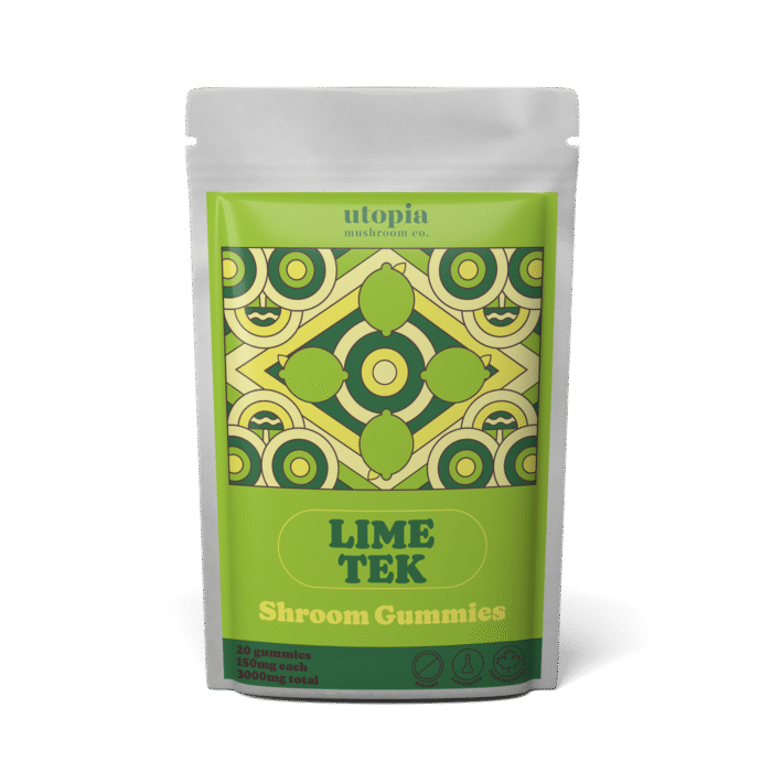 Lime Tek psilocybin gummies by Utopia – 150mg psilocybin magic mushroom edibles per gummy, 3000mg total, dual-extracted with citrus for enhanced effects